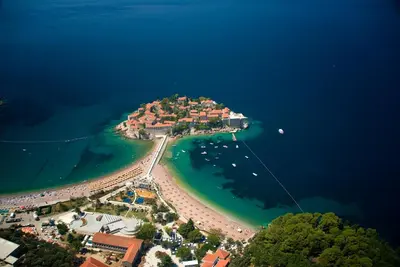 an aerial view of an island in the water at Carsko Selo Blizikuce in Budva