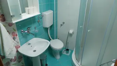 a bathroom with a toilet and a sink and a shower at El Mar Apartments in Budva