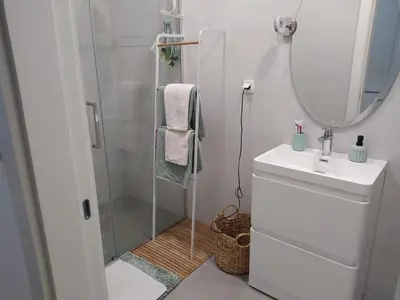 a bathroom with a shower and a sink and a mirror at Soho City Apartment with Garage in Bar