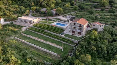 an aerial view of a mansion with a swimming pool at Apartments and Winery Djukovic in Virpazar