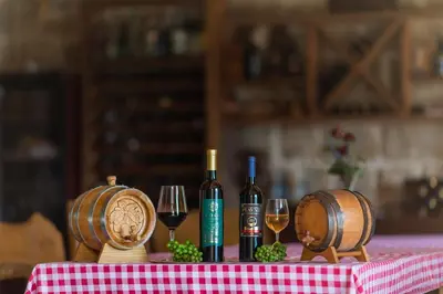 two bottles of wine and two wine glasses on a table at Apartments and Winery Djukovic in Virpazar