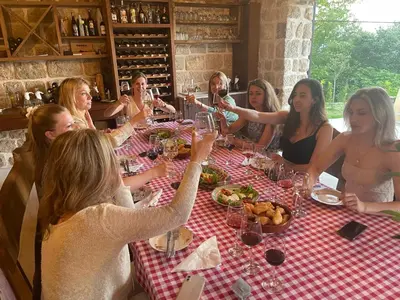 a group of women sitting around a table with wine glasses at Apartments and Winery Djukovic in Virpazar