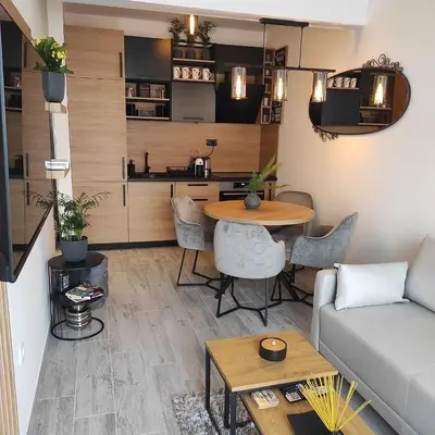 a living room with a table and a couch at Blue berry apart in Budva