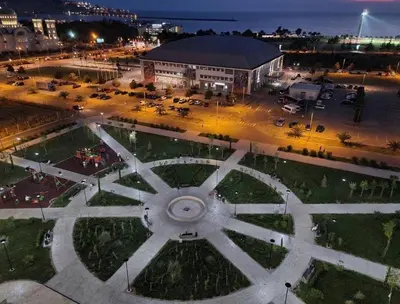 an aerial view of a parking lot at night at EmZa Sea View Apartment in Bar