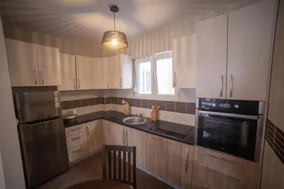 a kitchen with wooden cabinets and a sink and a stove at Apartment Plamenatz in Bar