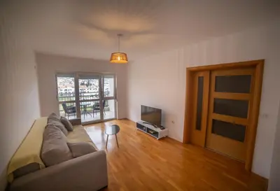 a living room with a couch and a television at Apartment Plamenatz in Bar
