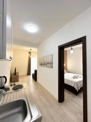 a kitchen with a sink and a bed in a room at Apartmens Xhenis Lux in Ulcinj