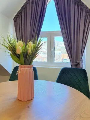 a vase with flowers sitting on top of a table at Downtown apartment in Cetinje