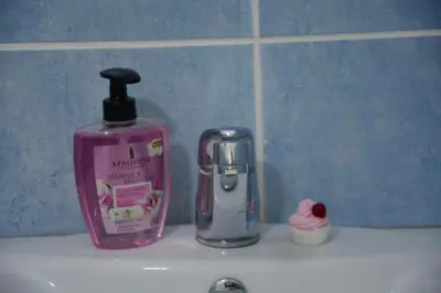 a bottle of soap next to a soap dispenser on a sink at NEXT DOOR HOUSE in Ulcinj
