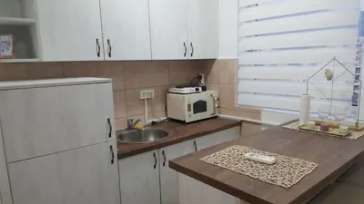 a kitchen with a sink and a microwave on a counter at Sea View Studio in Becici