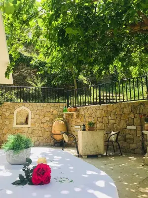 a table with a red rose on it next to a stone wall at Oldmill Apartment in Ulcinj