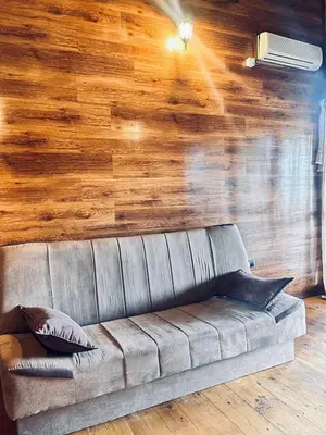 a couch in a room with a wooden wall at Kućica Vjera Ada Bojana in Ulcinj