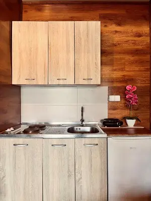 a kitchen with a sink and wooden cabinets at Kućica Vjera Ada Bojana in Ulcinj