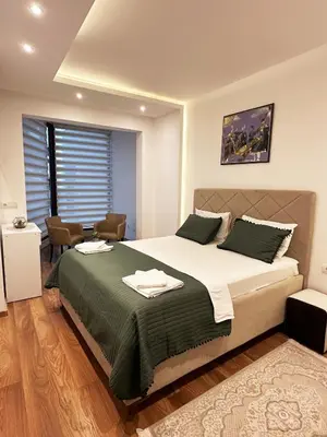 a bedroom with a large bed in a room at Arte Luxury Pool Apartmets in Ulcinj