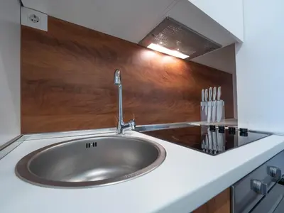 a sink in a kitchen with a wooden wall at Apartments Garden Azure Budva in Budva