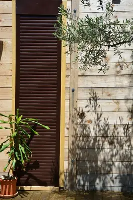 a brown door on a wooden building with a plant at OLEA COTTAGE in Ulcinj