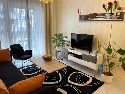 a living room with a couch and a tv at Ada apartman in Budva