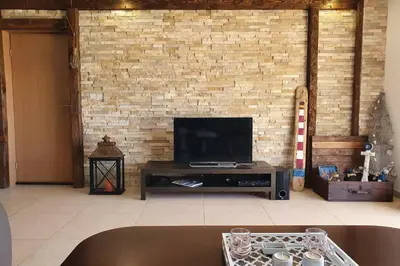 a living room with a television and a brick wall at Peaceful Sea Residence in Bigovo