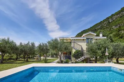 a house with a swimming pool in front of a house at Villa Forest & Blue in Kotor