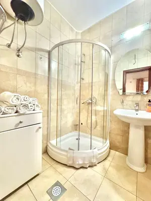 a bathroom with a shower and a sink at The Four Fish in Petrovac na Moru