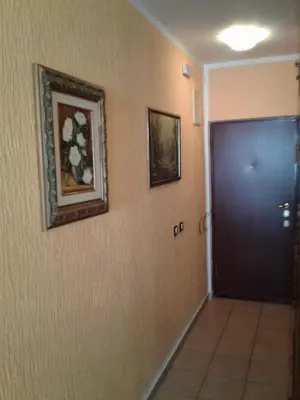 a hallway with a black door and pictures on the wall at Apartman Sutomore in Sutomore
