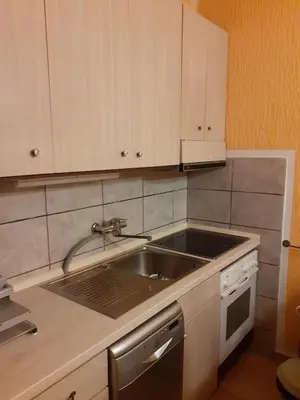 a kitchen with a sink and a stove at Apartman Sutomore in Sutomore