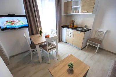 a small apartment with a kitchen and a dining room at Apartments Sarić in Bar