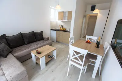 a living room with a couch and a table at Apartments Sarić in Bar