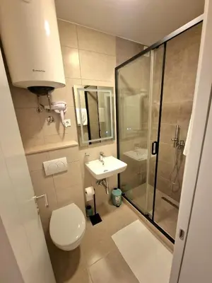 a bathroom with a shower and a toilet and a sink at Vila Lena in Petrovac na Moru
