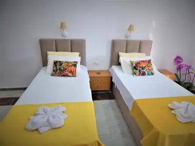 two beds sitting next to each other in a room at Vila Teodora in Sveti Stefan