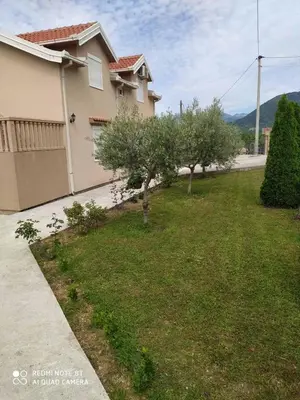 a yard with two trees and a house at Apartmani Popović V&A in Tivat