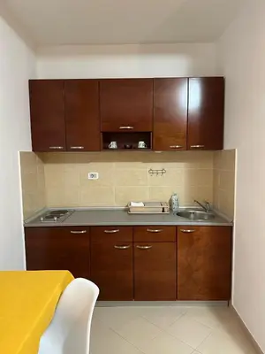 a kitchen with wooden cabinets and a sink at Apartments Krapina Lux in Budva