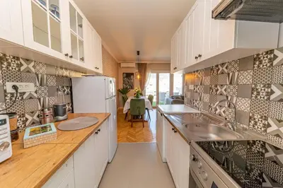 a kitchen with a sink and a refrigerator at City center de Lux apartment in Bar