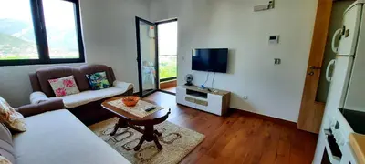 a living room with a couch and a table and a tv at Sara apartman in Bar