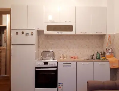 a kitchen with white cabinets and a white stove and refrigerator at Sara apartman in Bar