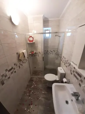 a bathroom with a shower and a toilet and a sink at Andrej Apartments in Kotor