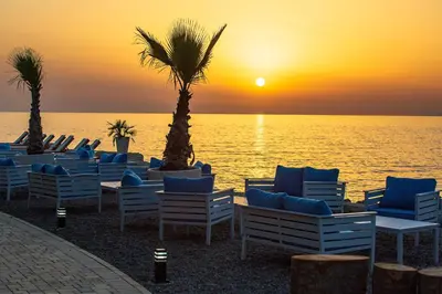 a group of chairs and palm trees in front of the ocean at Dulamerovic Resort in Bar