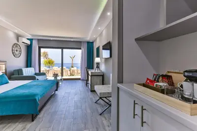a hotel room with a bed and a view of the ocean at Dulamerovic Resort in Bar