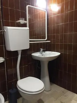 a bathroom with a toilet and a sink and a mirror at Apartman-Fenix in Bar, Susanj