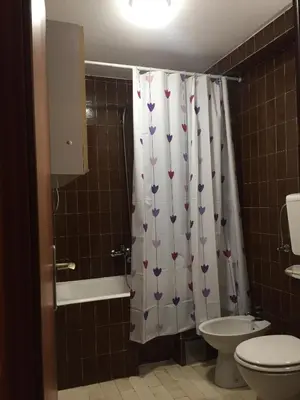 a bathroom with a toilet and a shower curtain at Apartman-Fenix in Bar, Susanj