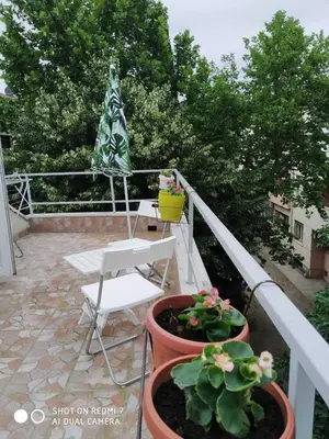 a balcony with a table and chairs and potted plants at Podgorica-Downtown in Podgorica