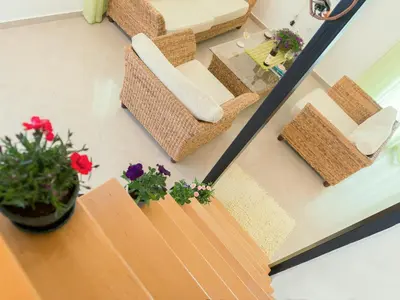 a view of a living room with a couch and flowers at Green Home Apartments in Kotor