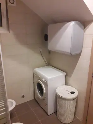 a small bathroom with a washing machine in it at Adriatic Sunset House in Petrovac na Moru