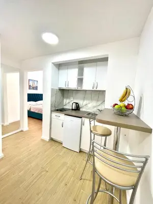 a kitchen and living room with a table and chairs at Parapid Apartments Budva in Budva