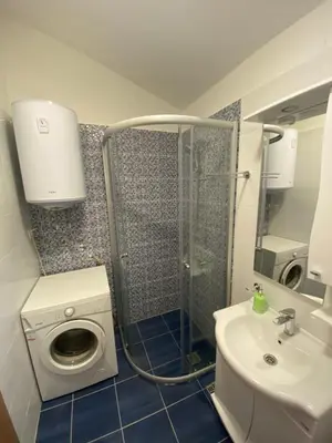a bathroom with a shower and a sink and a washing machine at BIO VILLAS in Podgorica