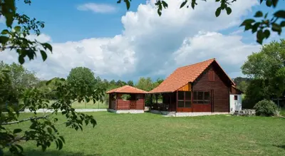 a small wooden cabin in a grassy field at Lovcen mountain cottages in Vratnica
