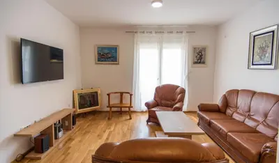 a living room with leather furniture and a flat screen tv at Sunny Hill Suite Ljubovic in Podgorica