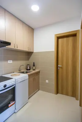 a kitchen with white appliances and a wooden door at Sunny Hill Suite Ljubovic in Podgorica