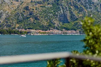 a view of a large body of water with mountains at Apartment Aura with Sea View in Kotor