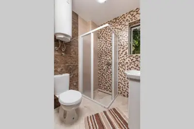 a bathroom with a toilet and a shower and a sink at Apartment Milos in Kotor